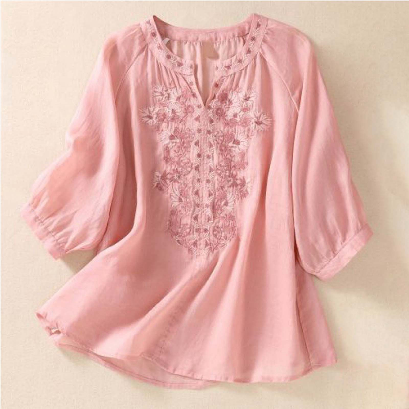 thumbnail image 2 of Camisa vintage de lino y algodón con cuello en V y bordados, manga 3/4, para mujer - Blusa informal de color liso que estiliza la figura, 2 of 6